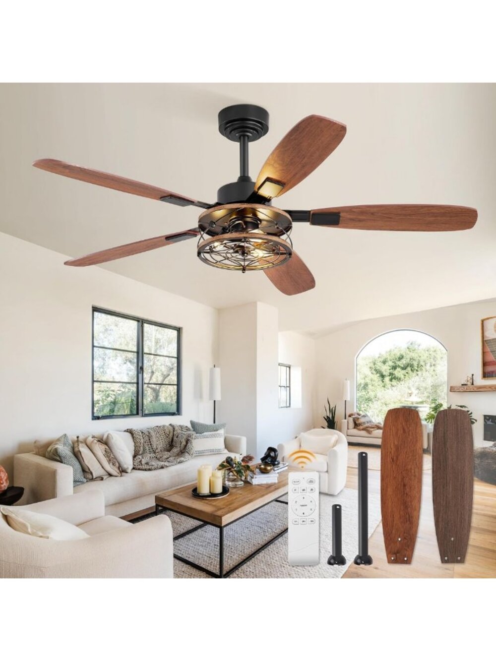 Rustic 52" Farmhouse Ceiling Fan with Light & Remote, 6-Speed Reversible Motor